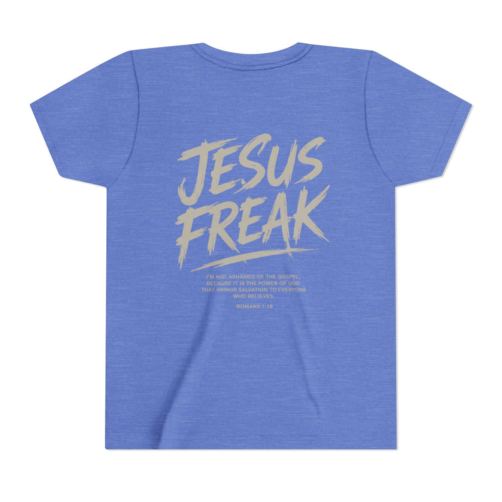 Youth Tee - "Jesus Freak" Graphic Christian Shirt (Script Logo, Scripture Back)