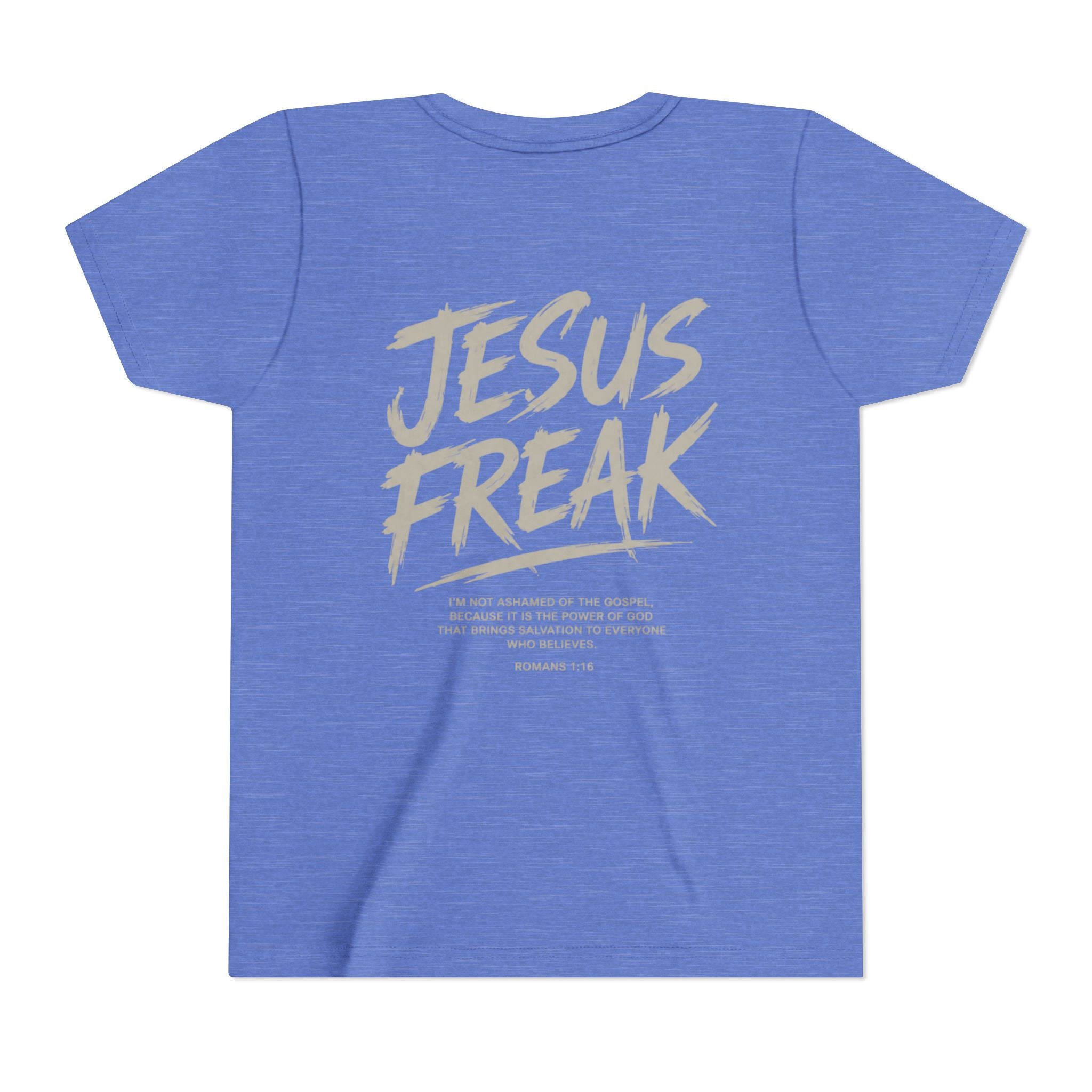 Youth Tee - "Jesus Freak" Graphic Christian Shirt (Script Logo, Scripture Back)