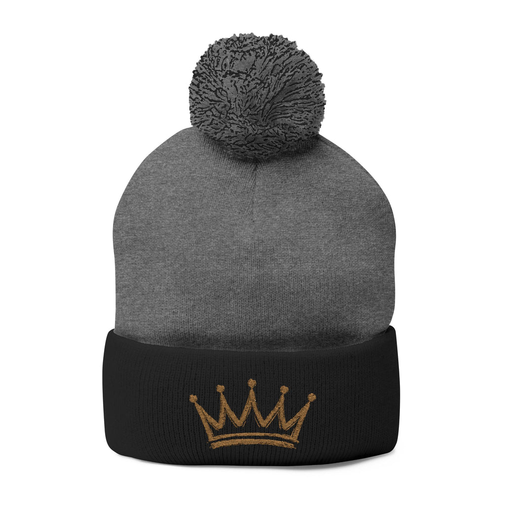 Gold Crown Embroidery Pom-Pom Knit Cap | Grey Beanie