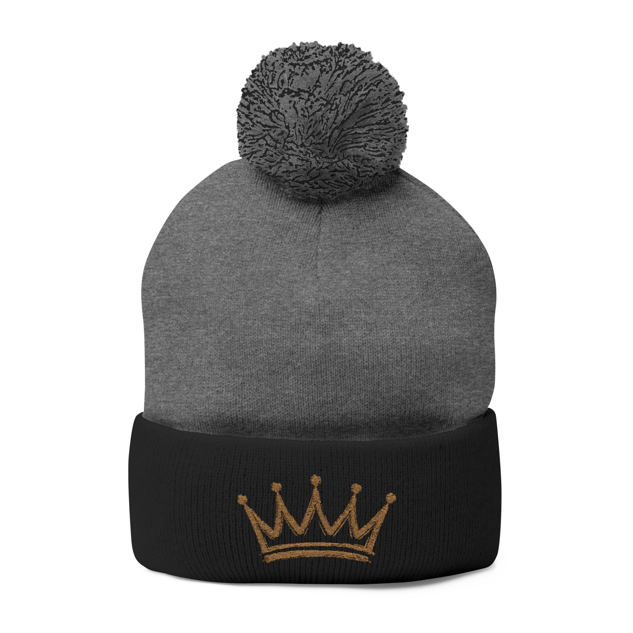 Gold Crown Embroidery Pom-Pom Knit Cap | Grey Beanie