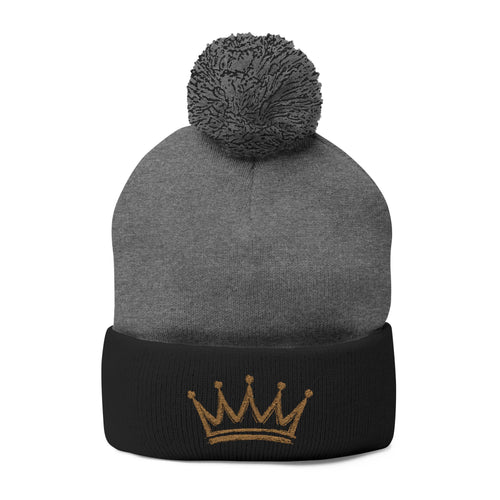 Gold Crown Embroidery Pom-Pom Knit Cap | Grey Beanie