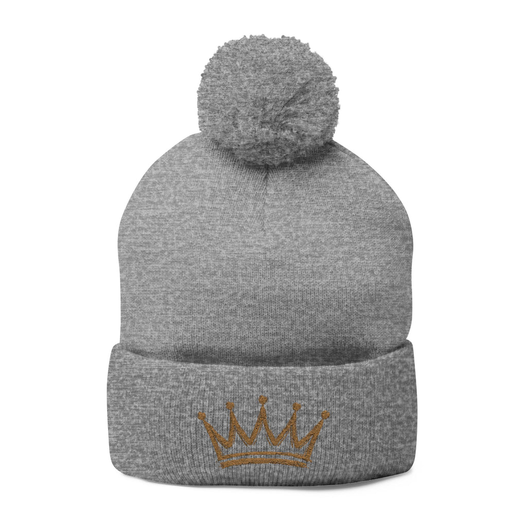 Gold Crown Embroidery Pom-Pom Knit Cap | Grey Beanie