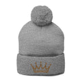 Gold Crown Embroidery Pom-Pom Knit Cap | Grey Beanie