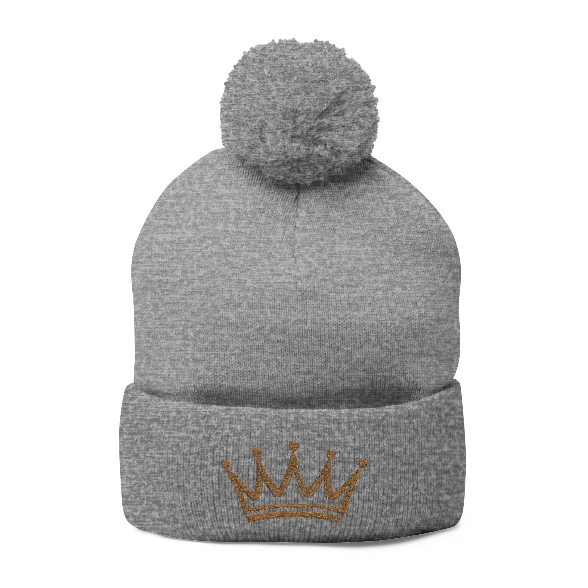 Gold Crown Embroidery Pom-Pom Knit Cap | Grey Beanie