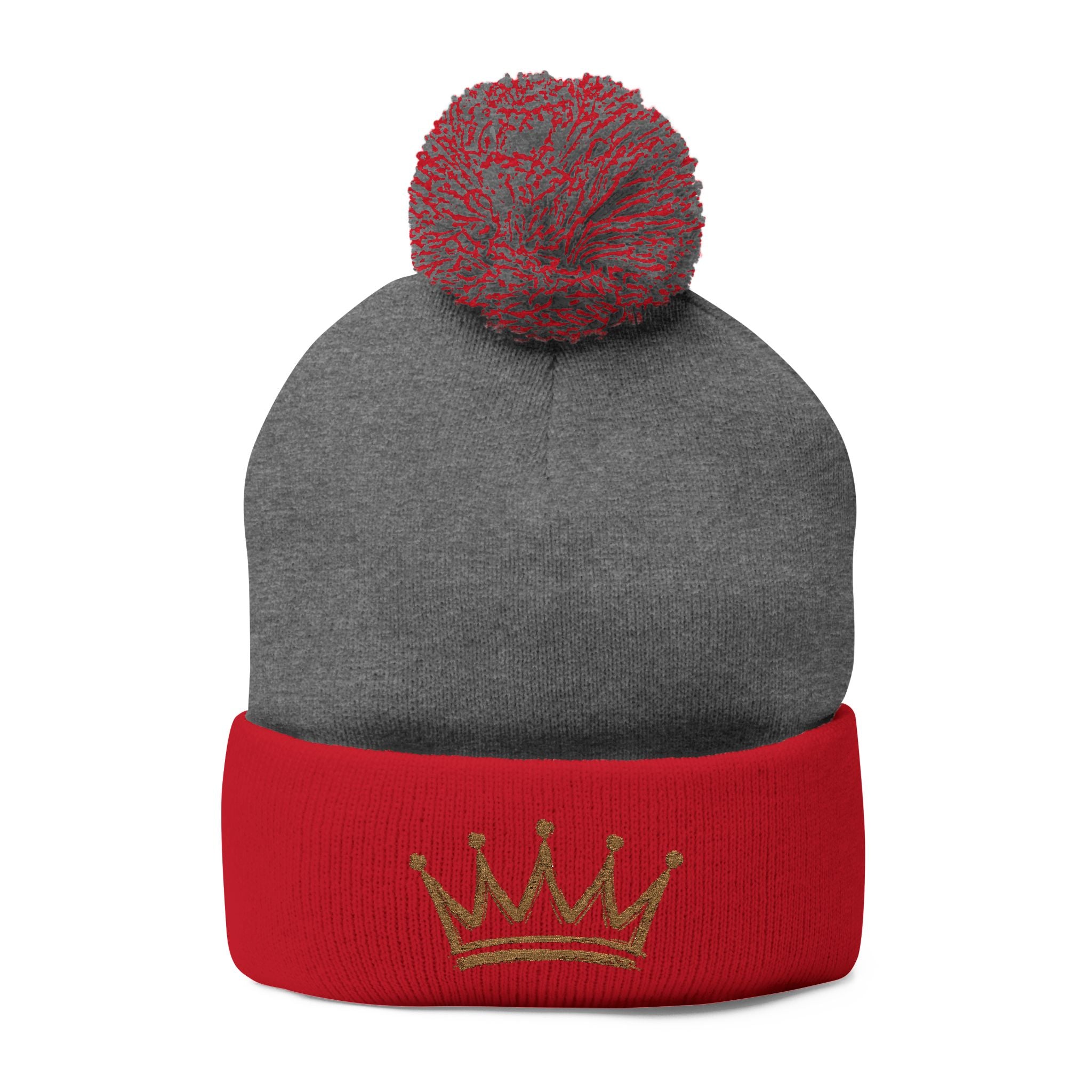 Gold Crown Embroidery Pom-Pom Knit Cap | Grey Beanie