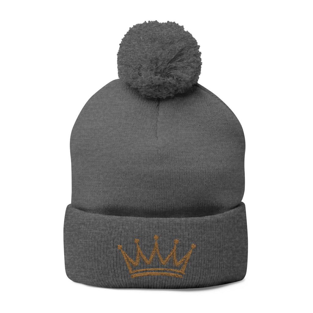 Gold Crown Embroidery Pom-Pom Knit Cap | Grey Beanie
