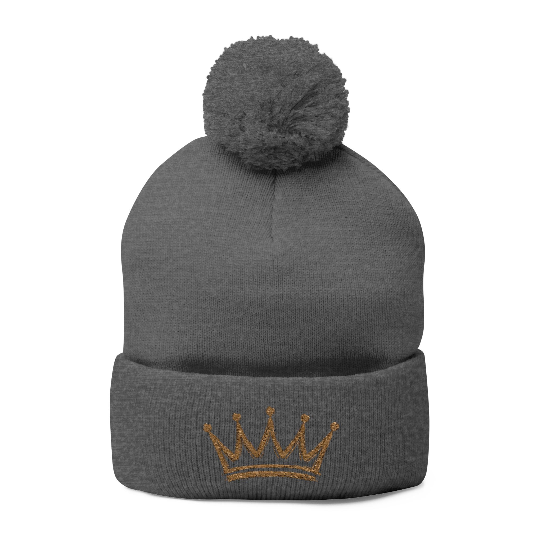 Gold Crown Embroidery Pom-Pom Knit Cap | Grey Beanie