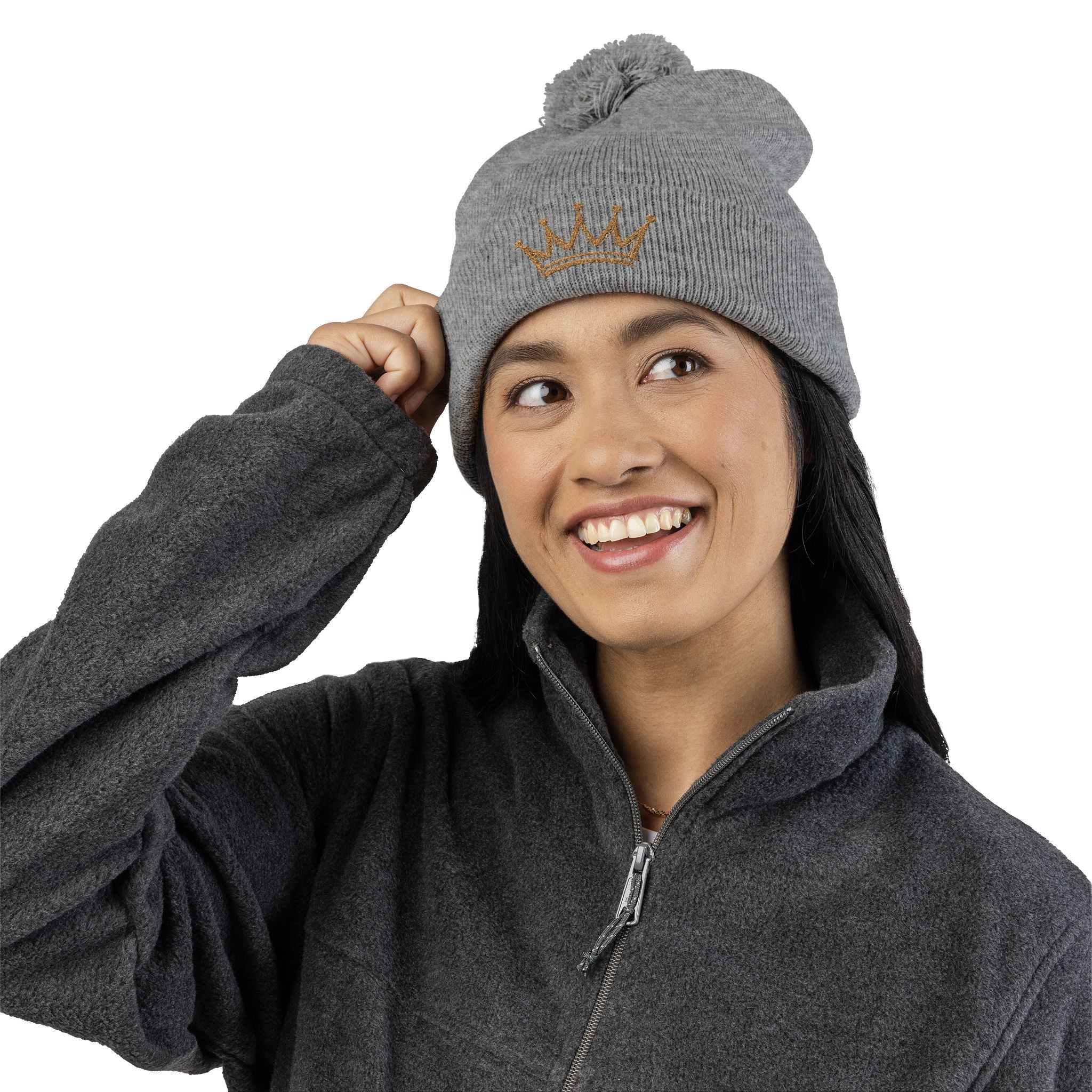 Gold Crown Embroidery Pom-Pom Knit Cap | Grey Beanie