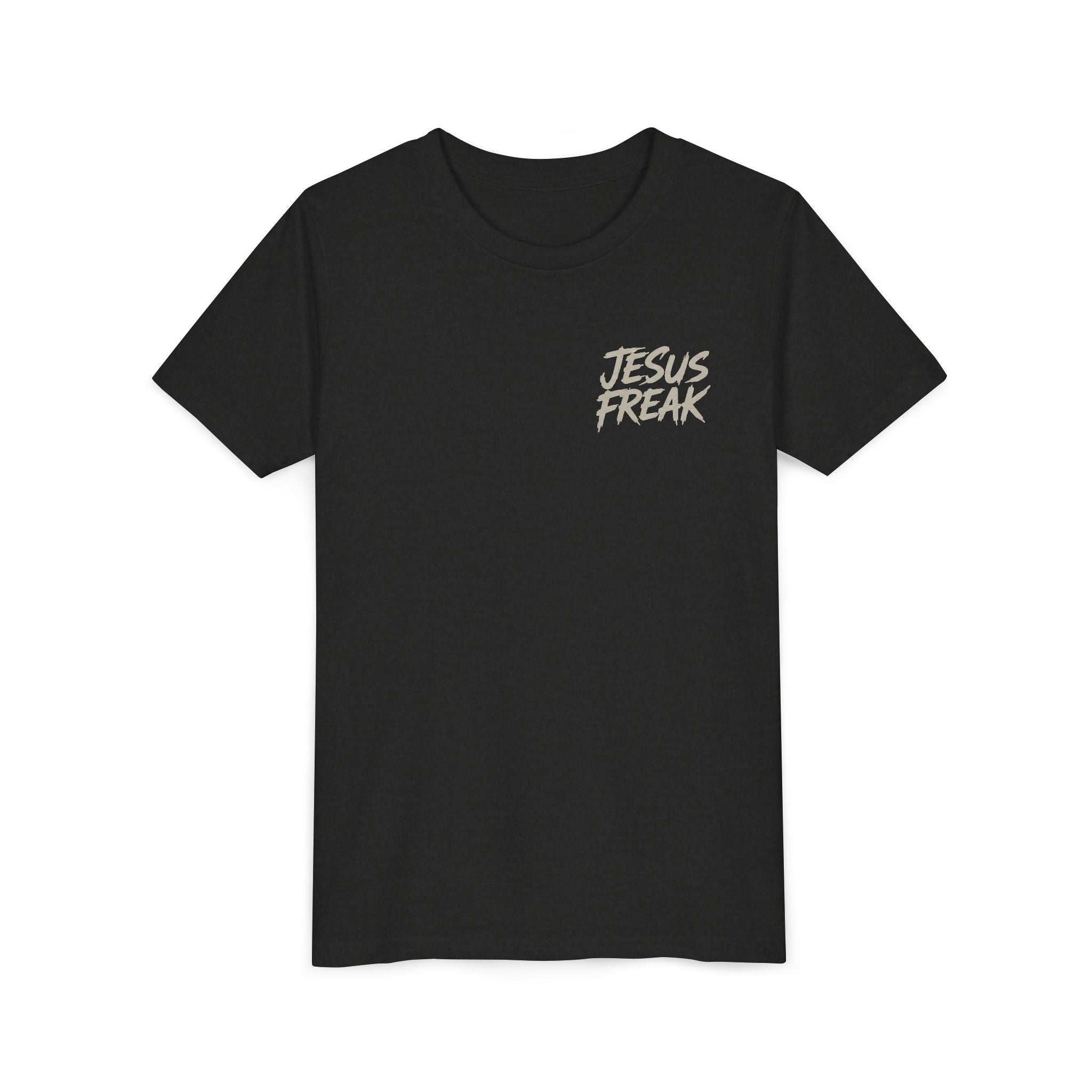 Youth Tee - "Jesus Freak" Graphic Christian Shirt (Script Logo, Scripture Back)