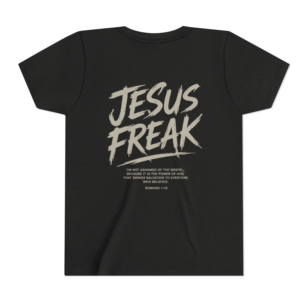 Youth Tee - "Jesus Freak" Graphic Christian Shirt (Script Logo, Scripture Back)