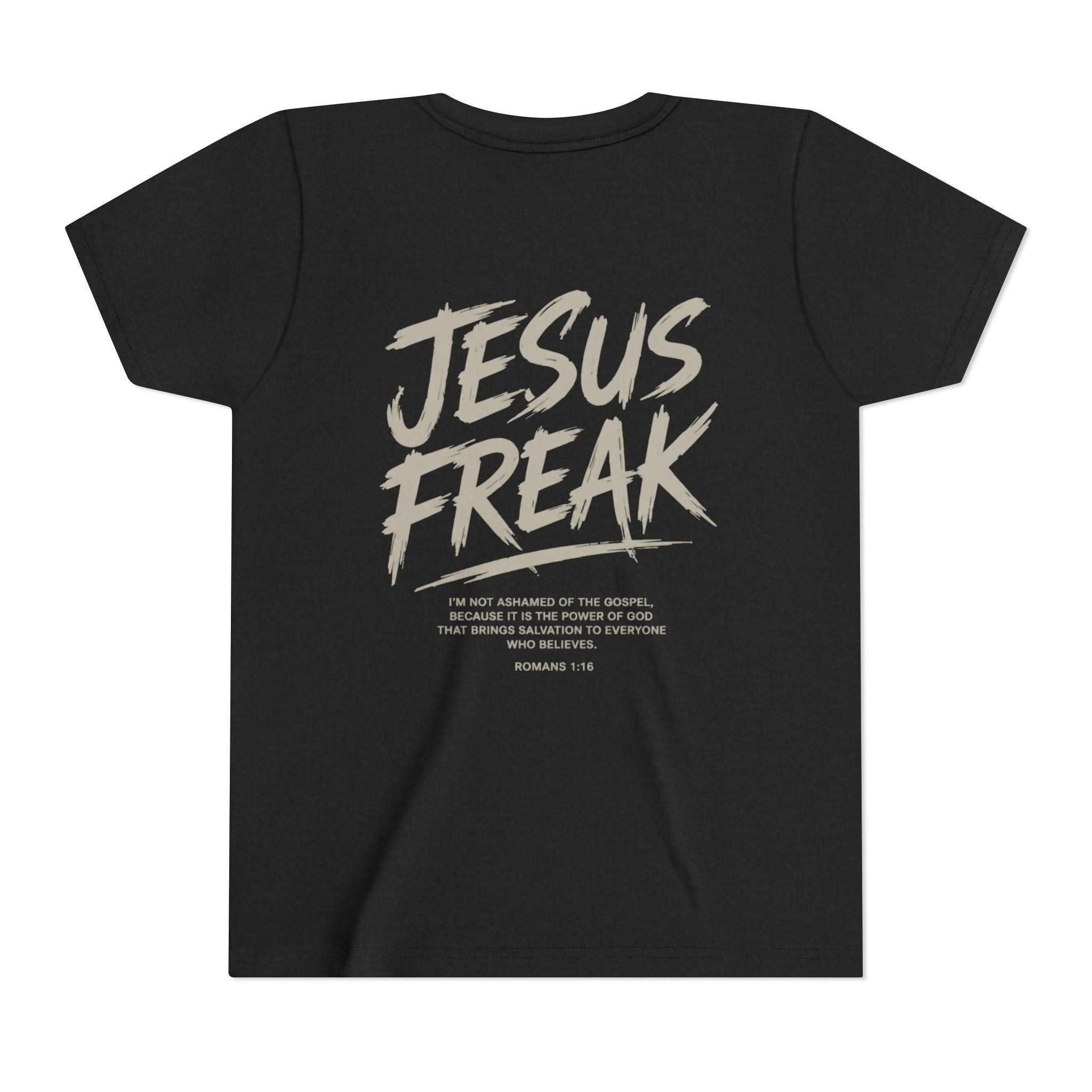 Youth Tee - "Jesus Freak" Graphic Christian Shirt (Script Logo, Scripture Back)
