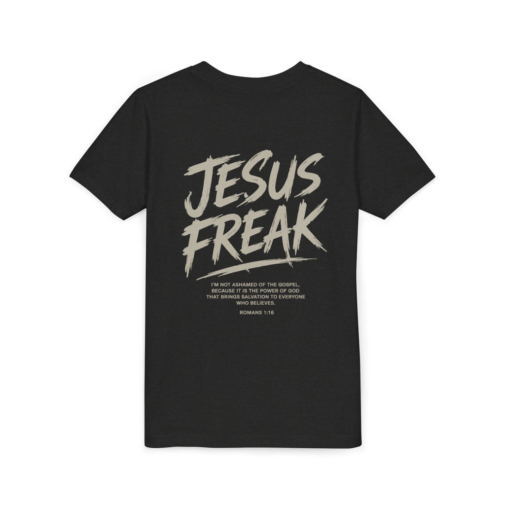 Youth Tee - "Jesus Freak" Graphic Christian Shirt (Script Logo, Scripture Back)