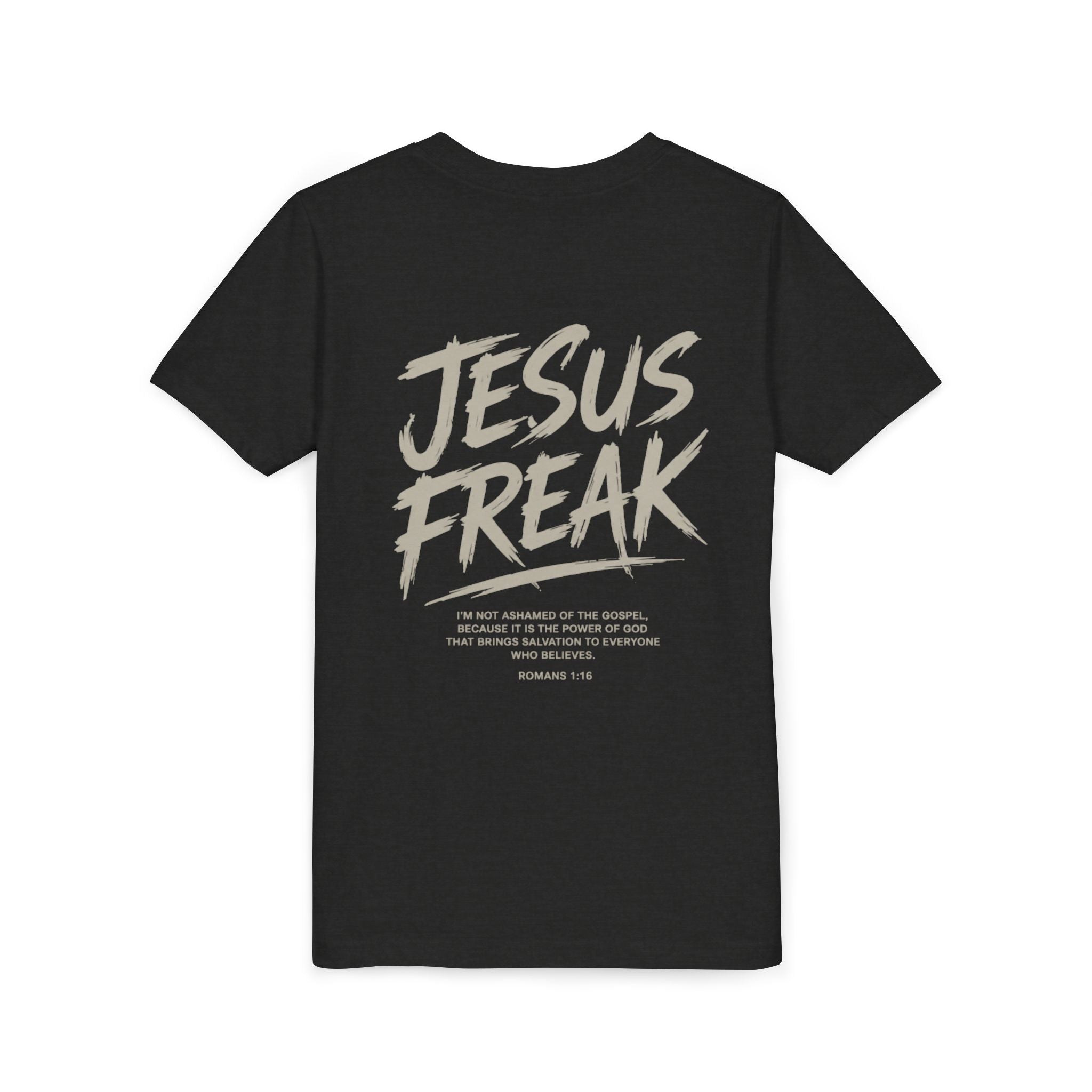Youth Tee - "Jesus Freak" Graphic Christian Shirt (Script Logo, Scripture Back)