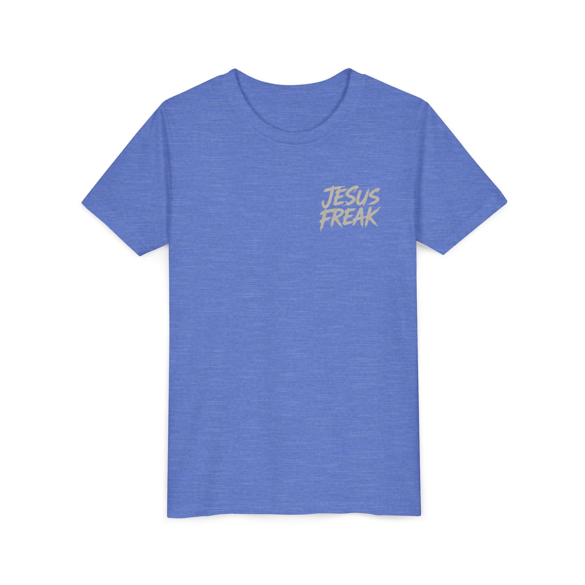 Youth Tee - "Jesus Freak" Graphic Christian Shirt (Script Logo, Scripture Back)