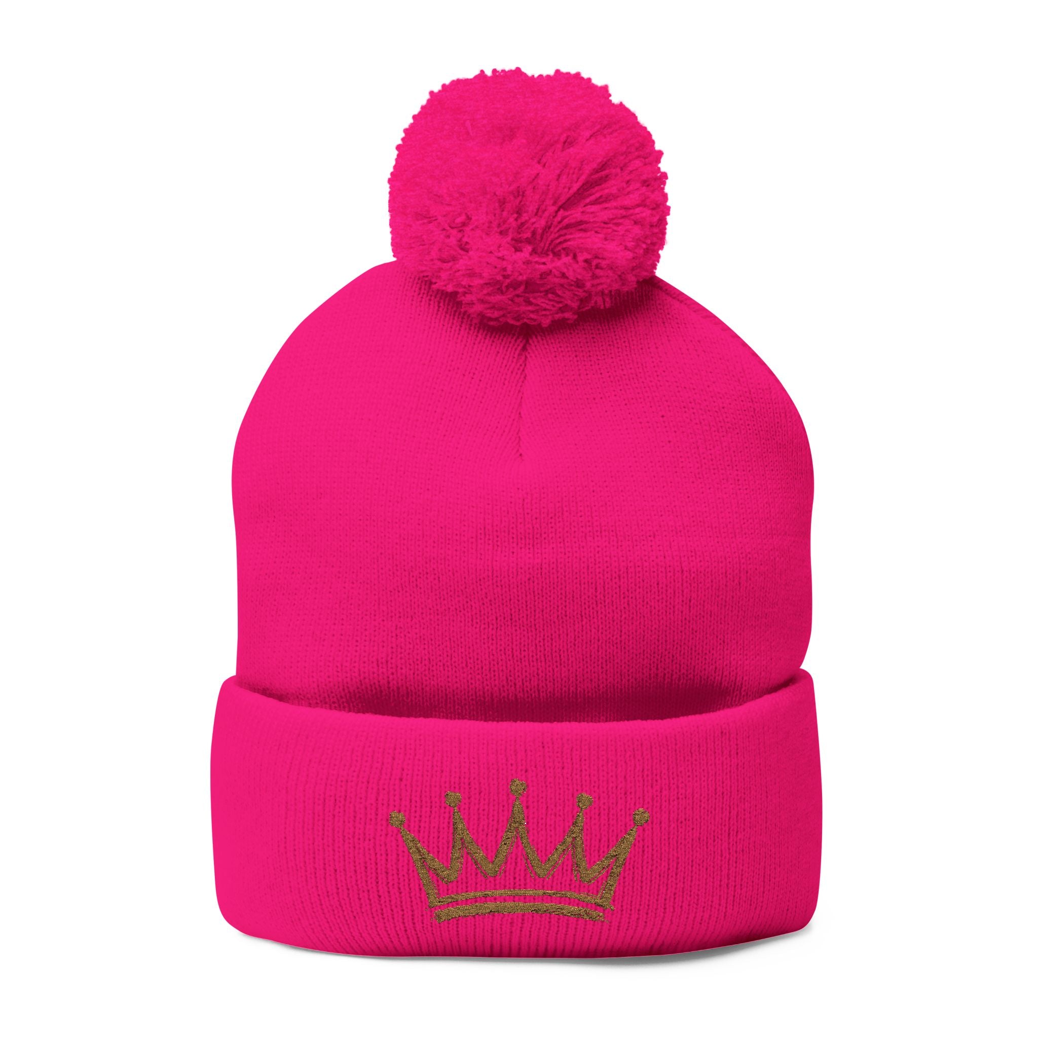 Gold Crown Embroidery Pom-Pom Knit Cap | Grey Beanie