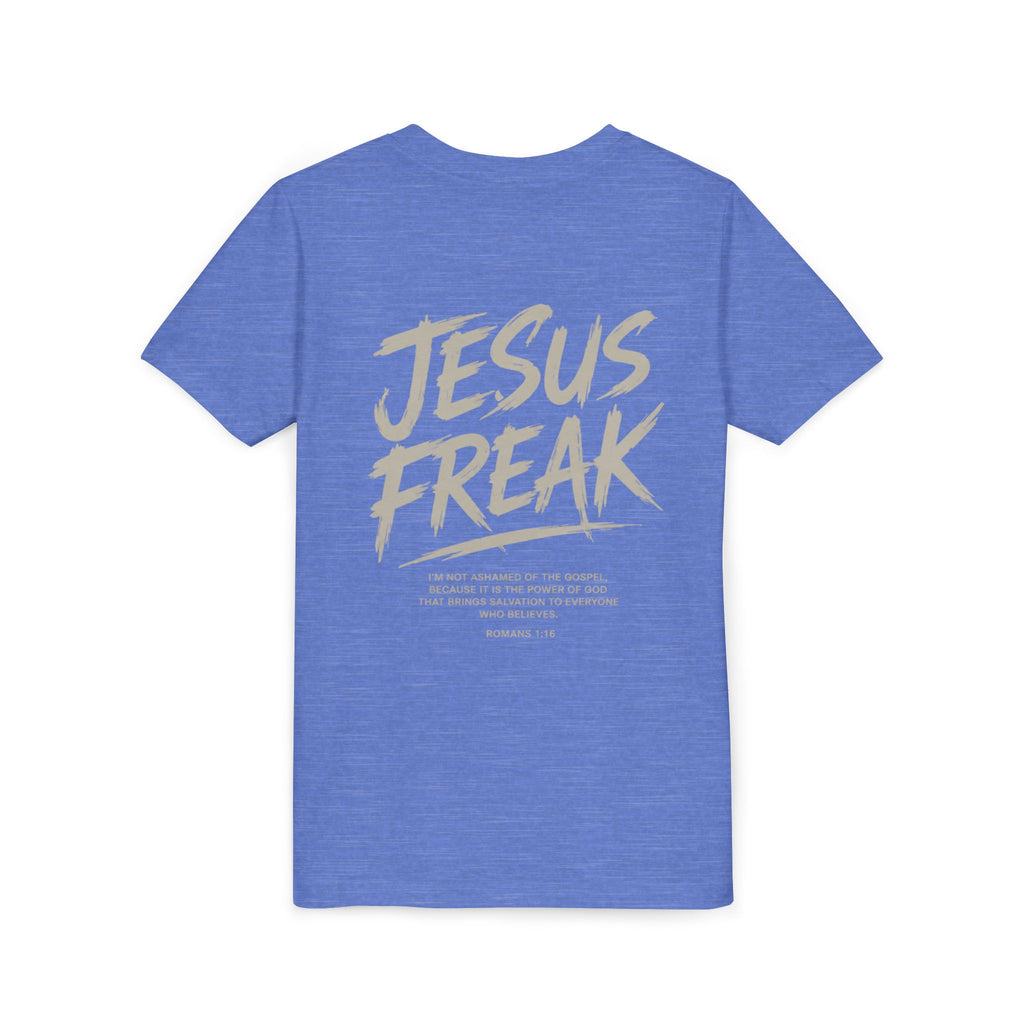 Youth Tee - "Jesus Freak" Graphic Christian Shirt (Script Logo, Scripture Back)