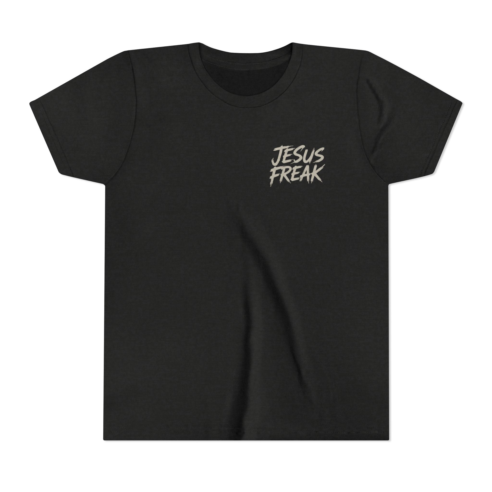 Youth Tee - "Jesus Freak" Graphic Christian Shirt (Script Logo, Scripture Back)