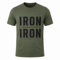 An olive green short-sleeve crewneck t-shirt with a black graphic print on the front reading 'IRON SHARPENS IRON' and 'PROVERBS 27:17'.