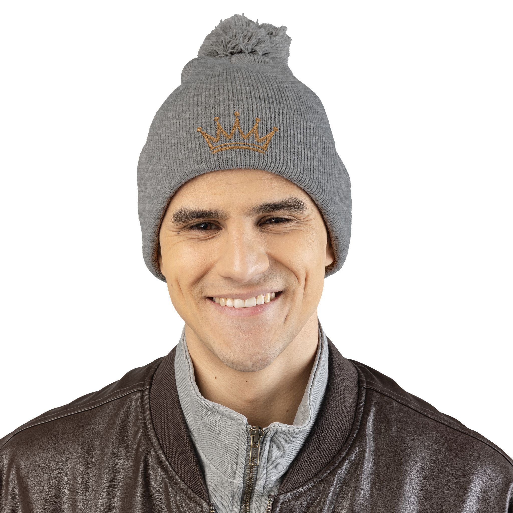 Gold Crown Embroidery Pom-Pom Knit Cap | Grey Beanie