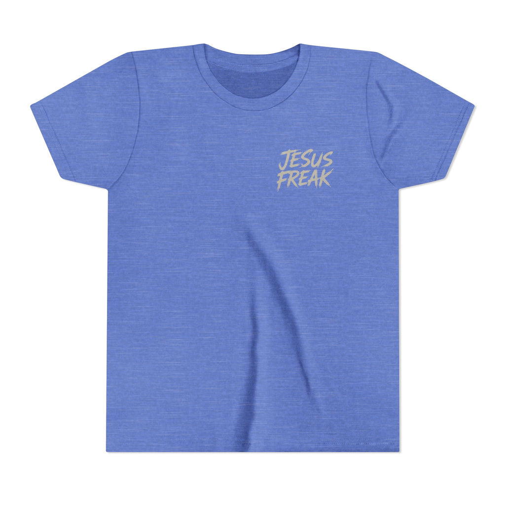 Youth Tee - "Jesus Freak" Graphic Christian Shirt (Script Logo, Scripture Back)