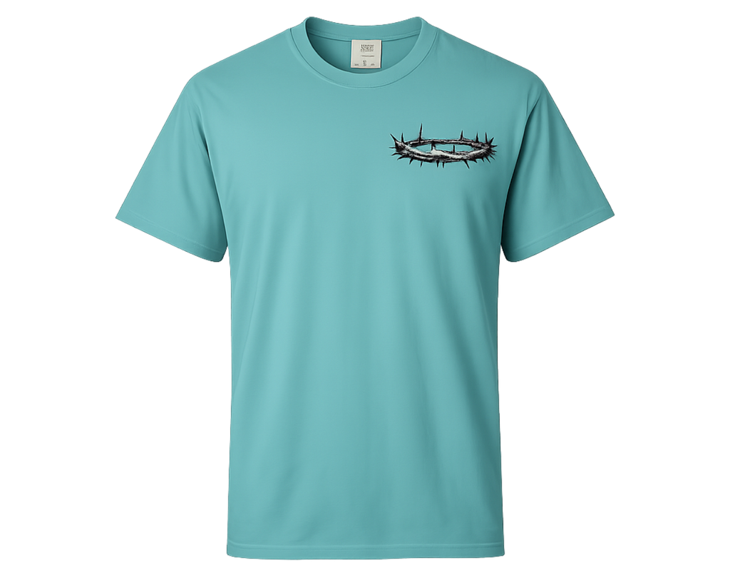 A turquoise short-sleeve crewneck t-shirt featuring a graphic of a crown of thorns on the left chest, displayed against a solid white background.