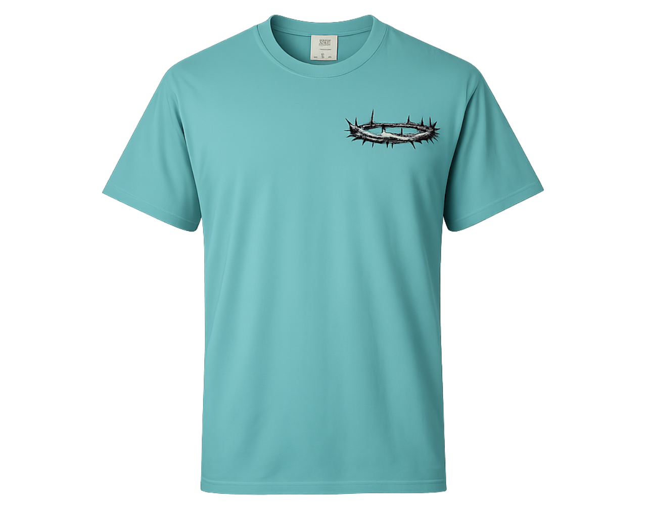 A turquoise short-sleeve crewneck t-shirt featuring a graphic of a crown of thorns on the left chest, displayed against a solid white background.