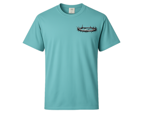 A turquoise short-sleeve crewneck t-shirt featuring a graphic of a crown of thorns on the left chest, displayed against a solid white background.