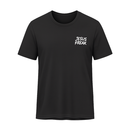 A black short-sleeve crewneck t-shirt with the words 'JESUS FREAK' printed in white stylized text on the left chest, displayed on a clean white background.